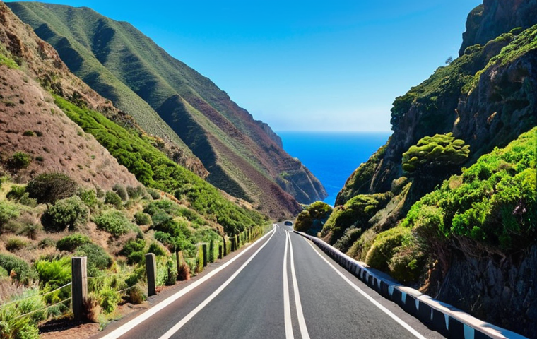 **
Prompt: "Scenic drive on Saint Helena. A small 4x4 vehicle navigates a narrow, winding road with dramatic coastal views. Lush green hillsides meet the turquoise Atlantic Ocean. Clear blue sky. Postcard-perfect. Focus on adventure and breathtaking scenery. Spanish travel blogger style."
**