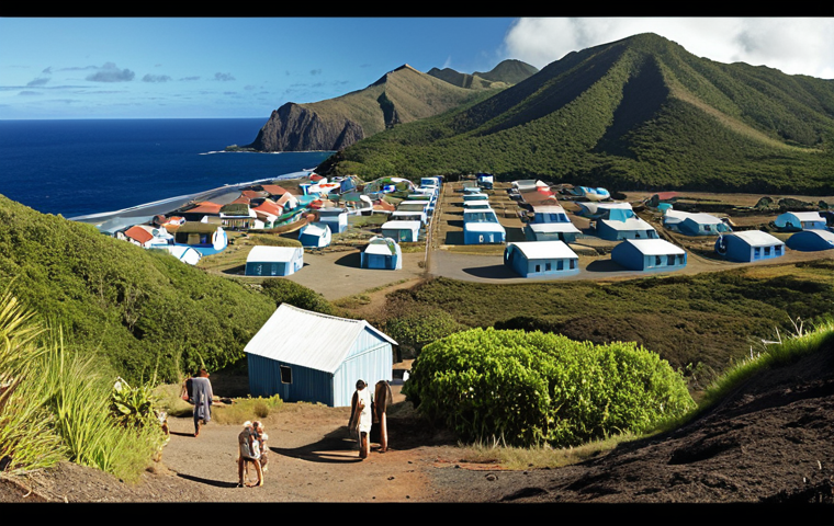 **
"A panoramic view of St. Helena island showcasing its remote location in the South Atlantic. Highlight the strong sense of community with people interacting peacefully. Add elements representing the island's unique traditions and values. The scene should convey safety and tranquility."
**