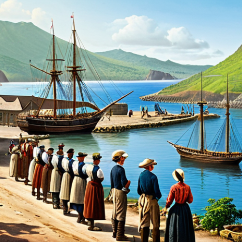 Home 17 Jamestown Harbor, 1800s**
"A bustling scene of Jamestown harbor on Saint Helena Island in the 1800s. Several sailing ships are docked, with sailors loading and unloading cargo. Buildings line the waterfront, showing a mix of colonial architecture. People in period clothing populate the scene, going about their daily business. In the background, the volcanic landscape of the island rises. fully clothed, appropriate attire, safe for work, professional illustration, perfect anatomy, correct proportions, natural pose, well-formed hands, proper finger count, natural body proportions, professional, family-friendly, detailed, high quality."
**
