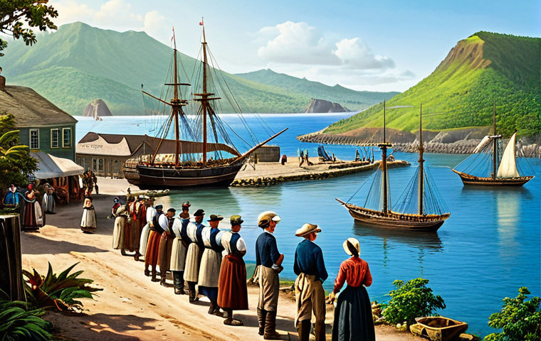 Jamestown Harbor, 1800s**

"A bustling scene of Jamestown harbor on Saint Helena Island in the 1800s. Several sailing ships are docked, with sailors loading and unloading cargo. Buildings line the waterfront, showing a mix of colonial architecture. People in period clothing populate the scene, going about their daily business. In the background, the volcanic landscape of the island rises. fully clothed, appropriate attire, safe for work, professional illustration, perfect anatomy, correct proportions, natural pose, well-formed hands, proper finger count, natural body proportions, professional, family-friendly, detailed, high quality."

**