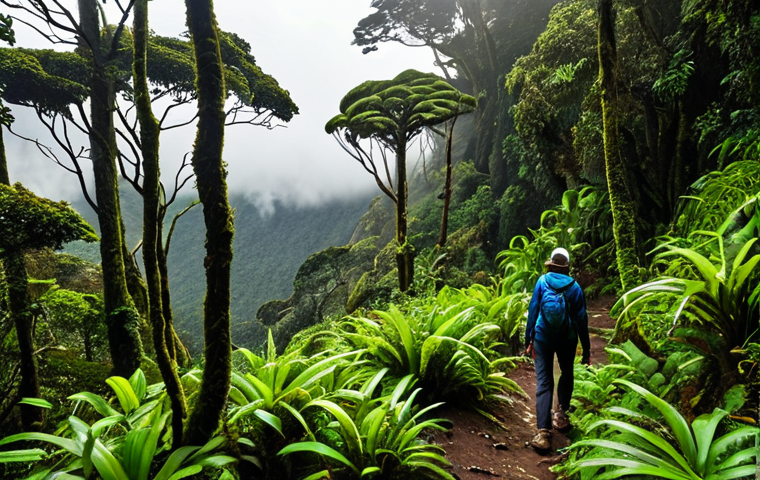 Diana's Peak Cloud Forest**

"A lush, vibrant cloud forest scene on Diana's Peak in Santa Elena, shrouded in mist and low-hanging clouds. Sunlight filters through the canopy, illuminating unique endemic plants.  Fully clothed hikers explore the trail in the distance. Safe for work, appropriate content, professional quality, perfect anatomy, correct proportions, natural pose, well-formed hands, proper finger count, natural body proportions, family-friendly, modest scenery."

**