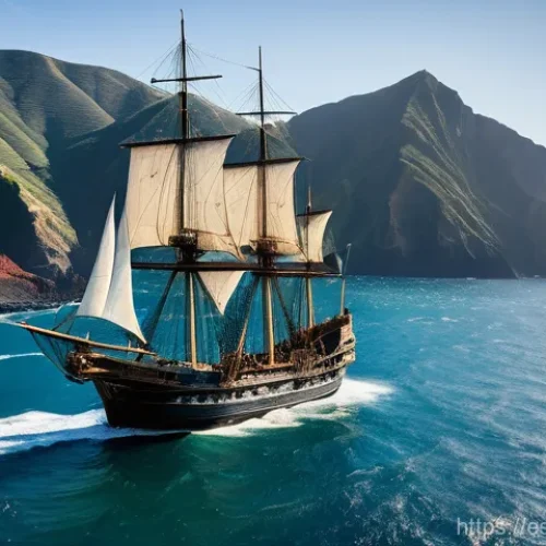 Home 31 세인트헬레나와 대항해시대 - **Awe and Relief: Portuguese Explorers Discovering Saint Helena.**
A highly detailed, wide-angle...