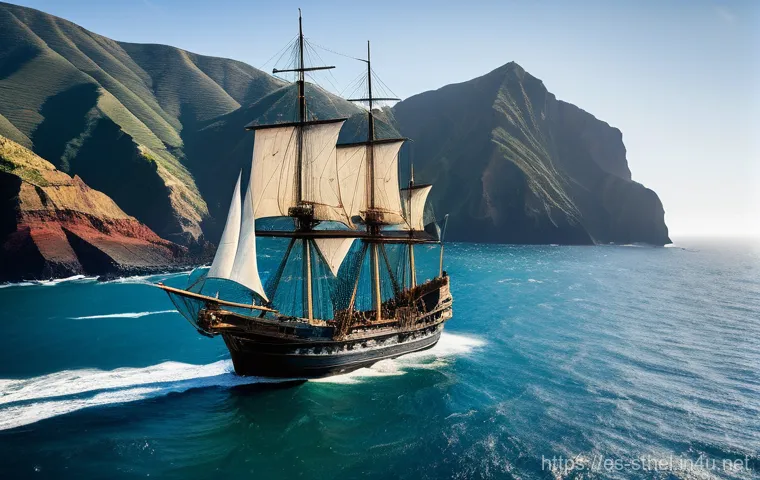 세인트헬레나와 대항해시대 - **Awe and Relief: Portuguese Explorers Discovering Saint Helena.**
    A highly detailed, wide-angle...