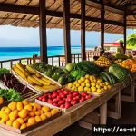 Home 17 세인트헬레나에서의 생활비 - A vibrant local market scene in Santa Elena island, showcasing fresh fruits, vegetables, and local f...