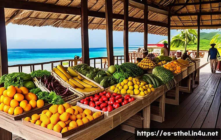세인트헬레나에서의 생활비 - A vibrant local market scene in Santa Elena island, showcasing fresh fruits, vegetables, and local f...
