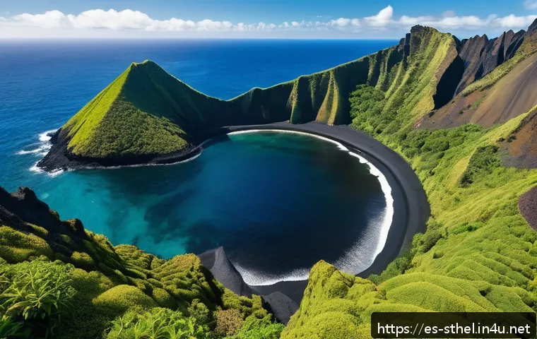 세인트헬레나 역사 및 문화 - A breathtaking volcanic island landscape featuring steep, jagged peaks and dramatic black sand beach...
