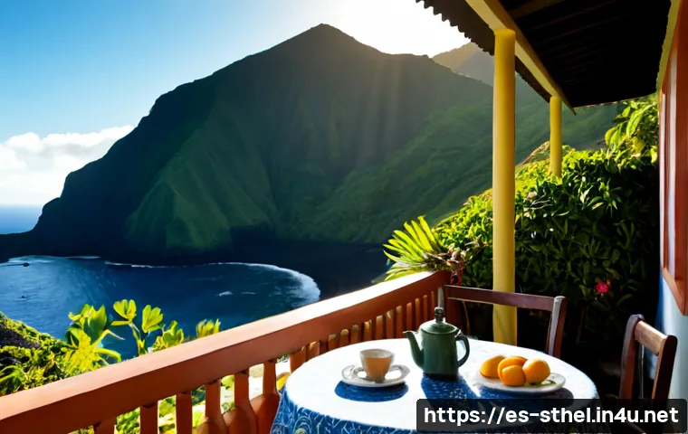 세인트헬레나 로컬 숙소 - Photorealistic local guesthouse on Saint Helena island, modest stone cottage with a shaded veranda, ...